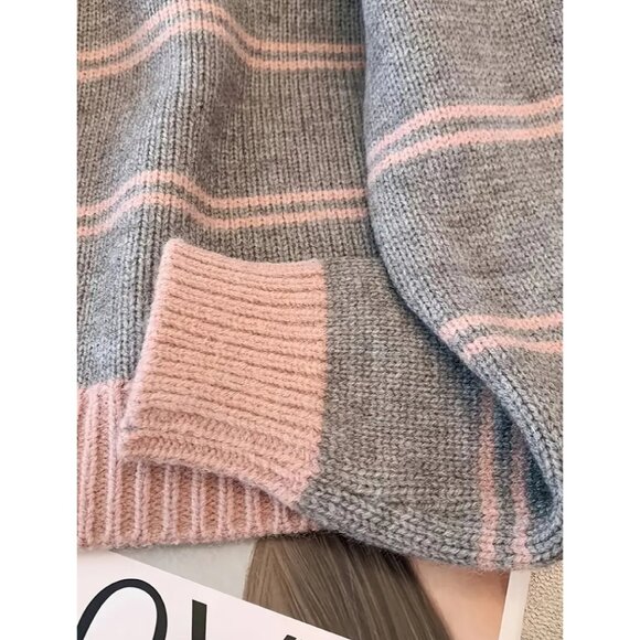 Stylish Striped Knit Sweater – Color Block & Polo Collar - Picture 4 of 4